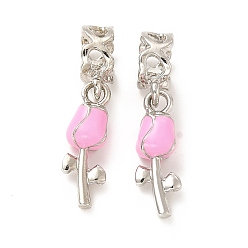 Platino Abalorios colgantes europeos de esmalte rosa perla de aleación chapada en rack, hechizos de gran agujero, rosa, Platino, 26 mm, rosa: 18.5x6.5x5.5 mm, agujero: 5.7 mm