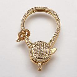 Golden Brass Micro Pave Cubic Zirconia Lobster Claw Clasps, Golden, 39x23x7mm, Hole: 2.5mm