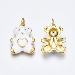 White Brass Enamel Pendants, with Jump Rings, Nickel Free, Real 16K Gold Plated, Bear with Heart, White, 18x13.5x3.5mm, Jump Ring: 5x0.8mm, 3mm inner diameter