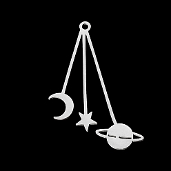 Stainless Steel Color 201 Stainless Steel Pendants, Laser Cut, Moon, Star & Planet, Stainless Steel Color, 42x31x1mm, Hole: 1.8mm