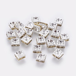 Jonquille Séparateurs perles en verre avec strass en laiton, Grade a, de couleur métal argent, carrée, jonquille, 6x6x3mm, Trou: 1mm