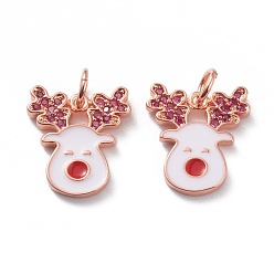Rose Gold Brass Micro Pave Cerise Cubic Zirconia Pendants, with White Enamel & Jump Rings, Long-Lasting Plated, For Christmas, Reindeer/Stag, Rose Gold, 15x13x1.5mm, Hole: 3mm, Jump Ring: 5x1mm