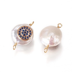 Bleu Marine Connecteurs de liens de perles naturelles, avec les accessoires de zircone et en laiton cubes, plat rond, or, bleu marine, 22~25x13~15x7~10mm, Trou: 1.6mm