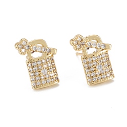 Real 18K Gold Plated Padlock & Key Sparkling Cubic Zirconia Stud Earrings for Girl Women, Lead Free & Nickel Free & Cadmium Free, Brass Micro Pave Cubic Zirconia Earrings, Real 18K Gold Plated, 12.5x9.5mm, Pin: 0.7mm