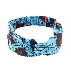 Sky Blue Boho Printed Polyester and Spandex Headbands, Twist Knot Elastic Wrap Hair Accessories for Girls Women, Sky Blue, 240x10mm