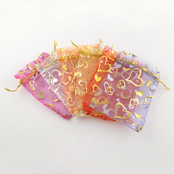 Mixed Color Heart Printed Organza Bags, Gift Bags, Rectangle, Mixed Color, 18x13cm