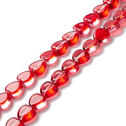 Roja Cuentas de vidrio transparente hebra, corazón, rojo, 9.5~10x10x3.5~4.5 mm, agujero: 0.8~1 mm, sobre 35 unidades / cadena, 13.15~13.31 pulgada (33.4~33.8 cm)