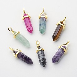 Mixed Stone Natural Mixed Stone Pointed Pendants, with Random Alloy Pendant Hexagon Bead Cap Bails, Golden, Bullet, 37~40x12.5x10mm, Hole: 3x4.5mm