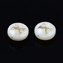 Letter X Natural Freshwater Shell Beads, with Golden Plated Brass Etched Metal Embellishments, Flat Round with Letter, Seashell Color, Letter.X, 6x4mm, Hole: 0.8mm
