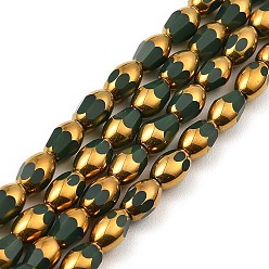 Vert Foncé Brins de perles de verre électrolytiques à facettes, couleur opaque, plaqué or, ovale, vert foncé, 6.5~7x4mm, Trou: 0.8mm, Environ 50 pcs/chapelet, 13.39'' (34 cm)