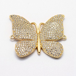 Golden Long-Lasting Plated Brass Micro Pave Cubic Zirconia Links, Butterfly, Real 18K Gold Plated, 30x32.5x3mm, Hole: 1mm