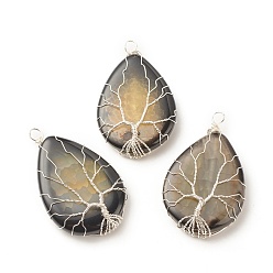 Dark Khaki Natural Crackle Agate Pendants, Dyed, with Silver Tone Eco-Friendly Copper Wire Wrapped, Teardrop with Tree, Dark Khaki, 49~52x31~32x9~11mm, Hole: 3.2~3.8mm