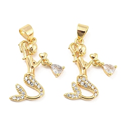 Real 18K Gold Plated Brass Micro Pave Clear Cubic Zirconia Pendants, Mermaid Charms, Real 18K Gold Plated, 21.5x13x3mm, Hole: 5x3.2mm