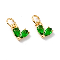 Green Rack Plating Brass Cubic Zirconia Charms, with Jump Ring, Cadmium Free & Lead Free, Real 18K Gold Plated, Heart, Green, 8x7x3mm, Jump Ring: 5x1mm,  3.5mm Inner Diameter