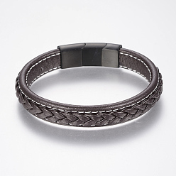 Brun De Noix De Coco Bracelets cordon cuir tressé, avec 304 fermoirs magnétiques en acier inoxydable, brun coco, 8-5/8 pouces (220 mm), 36x13x8mm