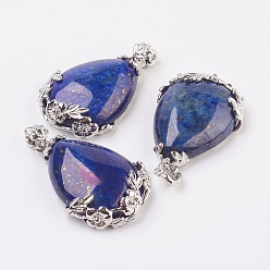 Lapis Lazuli Idées cadeaux Saint Valentin pour les hommes pendentifs lapis lazuli naturel, avec les accessoires en laiton, goutte , platine, 38~41x26x8mm, Trou: 5x4mm