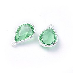 Light Green Glass Pendants, with Eco-Friendly Alloy Open Back Berzel Findings, Faceted, teardrop, Silver Color Plated, Light Green, 18x12x5mm, Hole: 1.4mm