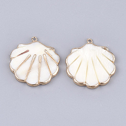 Light Gold Electroplate Freshwater Shell Pendants, with Iron Findings, Shell, Light Gold, 31~31.5x28~29x3mm, Hole: 1.8mm