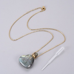 Labradorite Natural Labradorite Openable Perfume Bottle Pendant Necklaces, with Stainless Steel Cable Chain and Plastic Dropper, Heart, 50~55cm, Bottle Capacity: 0.15~0.3ml(0.005~0.01 fl. oz), 2mm