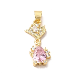 Pink Rack Plating Brass Micro Pave Cubic Zirconia Pendants, Cadmium Free & Lead Free, Long-Lasting, Flower & Teartrop, Pink, 24x10x7mm, Hole: 3x5mm