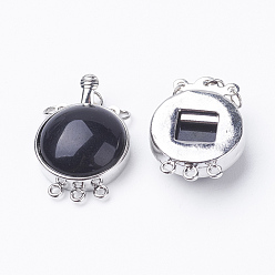 Black Agate Natural Black Agate Box Clasps, with Brass Finding, Dyed, Flat Round, Platinum, 26.5x17.5x8~9mm, Hole: 1mm