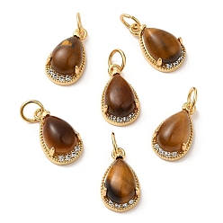 Tiger Eye Natural Tiger Eye Teardrop Charms, with Rack Plating Brass Micro Pave Clear Cubic Zirconia Findings and Jump Ring, Cadmium Free & Lead Free, Real 18K Gold Plated, 13.5x8x5.5mm, Hole: 3.5mm