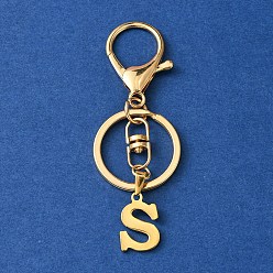 Letter S 304 Stainless Steel Initial Letter Charm Keychains, with Alloy Clasp, Golden, Letter S, 8.5cm