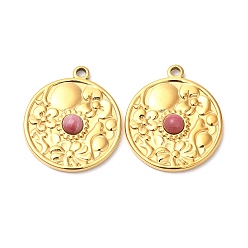 Rhodonite Ion Plating(IP) 316 Stainless Steel Flat Round Pendants, Natural Rhodonite Flower Charms, Real 24K Gold Plated, 23x20x4mm, Hole: 1.8mm