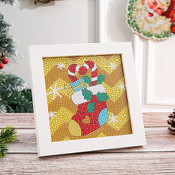 Christmas Socking DIY Diamond Painting Photo Frame Kits, including Sponge, Resin Rhinestones, Diamond Sticky Pen, Tray Plate and Glue Clay, Christmas Socking, 150x150mm