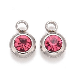 Rosa 304 colgantes de acero inoxidable, con diamantes de imitación k, plano y redondo, rosa, 9 mm, agujero: 12x8x4 mm