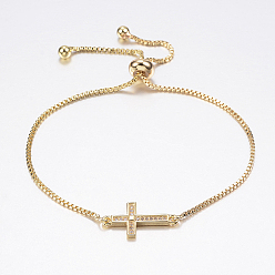 Golden Adjustable Brass Bolo Bracelets, Slider Bracelets, with Cubic Zirconia and Box Chains, Cross, Golden, 10-1/4 inch(260mm)