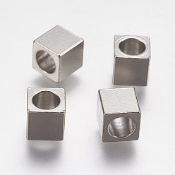 Stainless Steel Color 201 Stainless Steel European Beads, Large Hole Beads, Cube, Stainless Steel Color, 6x6x6mm, Hole: 4mm
