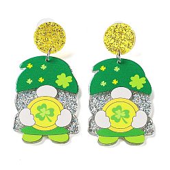 Lime Green Saint Patrick's Day Sparkling Acrylic Dangle Stud Earrings, Gnome, Lime Green, 61x29.5mm