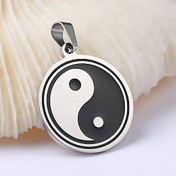 Stainless Steel Color Feng Shui Enamel 304 Stainless Steel Pendants, Flat Round with Yin-yang, Stainless Steel Color, 34.5x30x2mm, Hole: 5.5x10.5mm