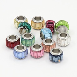 Mixed Color Glass European Beads, Large Hole Drum Beads, with 304 Stainless Steel Core, Faceted, Mixed Color, 7x9mm, Hole: 5mm