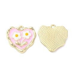 Pink Alloy Eanmel Pendants, Heart with Flower Charm, Golden, Pink, 18x18x2.5mm, Hole: 1.6mm
