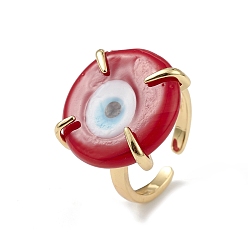 Red Lampwork Evil Eye Open Cuff Ring, Golden Brass Lucky Jewelry for Women, Lead Free & Cadmium Free, Red, Inner Diameter: 16mm