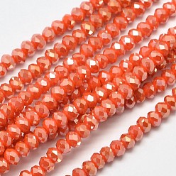Naranja Rojo Facetado rondelle arco iris completo chapado imitación jade electrochapa perlas de vidrio hebras, rojo naranja, 3.5x2 mm, agujero: 0.5 mm, sobre 148 unidades / cadena, 14.9 pulgada