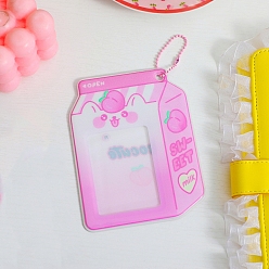 Peach Plastic Photocard Sleeve Keychain, with Ball Chains and Rectangle Clear Window, Milk Box Shape, Pearl Pink, Peach Pattern, 123x96mm, Inner Diameter: 90x83mm