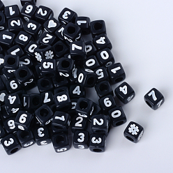 Black Opaque Acrylic European Beads, Large Hole Beads, Cube with Number, Black, 6.5~7x6.5~7x6.5~7mm, Hole: 4mm, about 1700pcs/500g