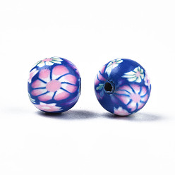 Medium Blue Handmade Polymer Clay Beads, Round with Flower, Medium Blue, 10~11x10mm, Hole: 1.5mm