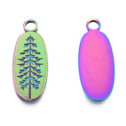 Rainbow Color Ion Plating(IP) 201 Stainless Steel Pendants, Oval with Tree, Rainbow Color, 24x9.5x1.5mm, Hole: 2.5mm