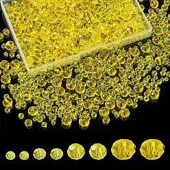 Amarillo 8 hebras 4 hebras de cuentas de vidrio transparentes de estilo, facetados, Rondana plana, amarillo, 3~8x2~6 mm, agujero: 0.4~1 mm, sobre 65~155 unidades / cadena, 15~16.9 pulgada (38~43 cm), 2 hebras / estilo