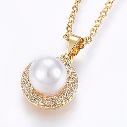 Golden 304 Stainless Steel Pendant Necklaces, with Cubic Zirconia and Acrylic Imitation Pearl, Flat Round, Golden, 17.71 inch(45cm), Pendant: 18x12x8.5mm