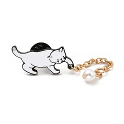 Blanco Pin de esmalte con borla de perla de gato con abs, Broche de animal de aleación negra de electroforesis para ropa de mochila, blanco, 14x28x1.5 mm