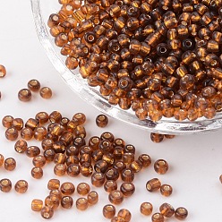 Brown 6/0 Glass Seed Beads, Silver Lined Round Hole, Round, Brown, 6/0, 4mm, Hole: 1.5mm, about 500pcs/50g, 50g/bag, 18bags/2pounds