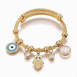 Golden Adjustable 304 Stainless Steel Charm Bangles, with Enamel, Glass and Rhinestone, Eye, Hamsa Hand and Flat Round, Golden, 2-1/4 inch(5.6cm), 4~12mm