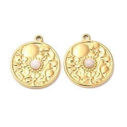 White Moonstone Ion Plating(IP) 316 Stainless Steel Flat Round Pendants, Natural White Moonstone Flower Charms, Real 24K Gold Plated, 23x20x4mm, Hole: 1.8mm