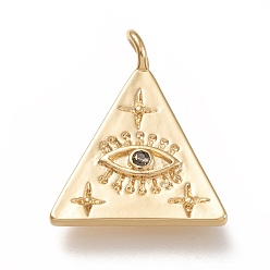 Real 18K Gold Plated Brass Pendants, with Cubic Zirconia, Triangle with Eye, Real 18K Gold Plated, 23.5x19x3mm, Hole: 3mm