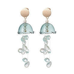 Aqua Glass Jellyfish with Shell Pearl Beaded Dangle Stud Earrings, Golden Brass Long Drop Earrings for Women, Aqua, 74~76mm, Pin: 0.7mm
